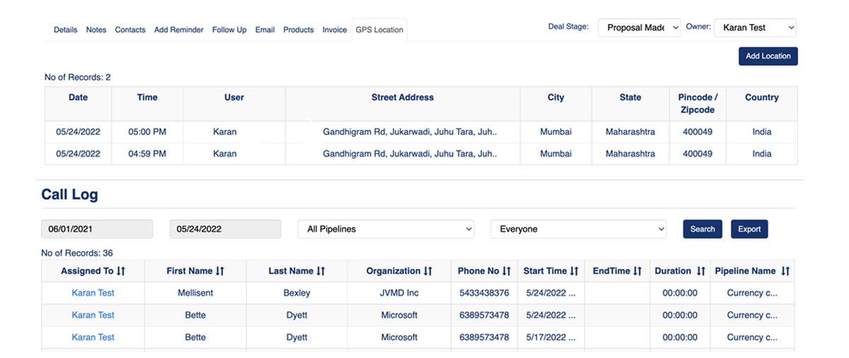 EzzyCRM GPS Call Log